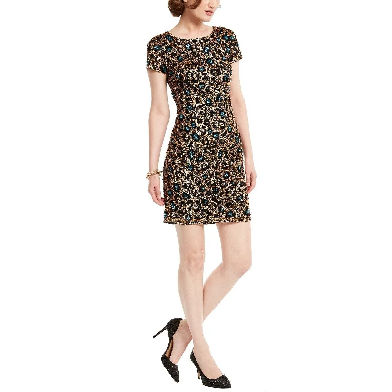 Adrianna Papell Women's Sequin Leopard-Print Dress Black Size 2 V-neck Sequin Dress