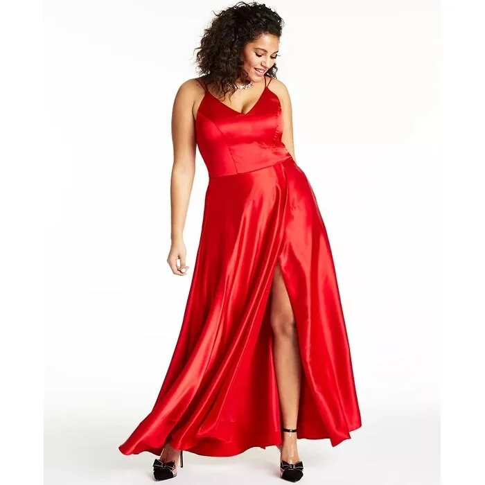 Sequin Hearts Women's Trendy Plus Slit Satin Gown Red Size 18 Beautiful Sequin Dress