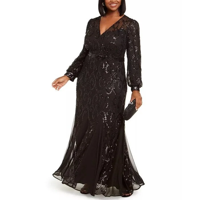 R & M Richards Women's Plus Surplice Sequined Gown Black Size 20W Vintage Sequin Dress