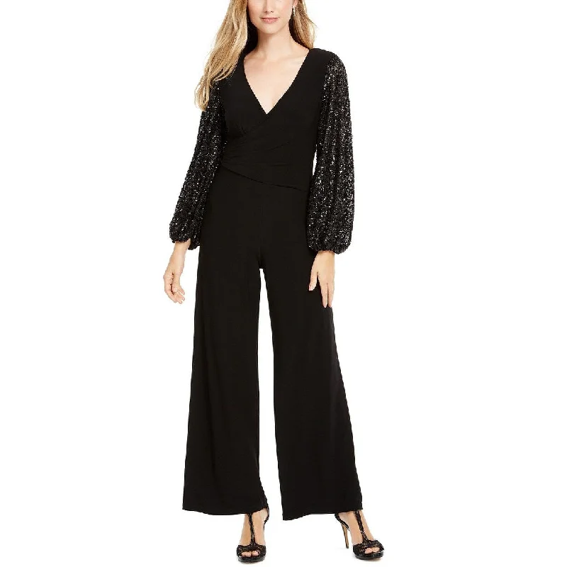 Adrianna Papell Women's Sequin-Sleeve Jumpsuit Black Size 6 Sequin Dress Dressy