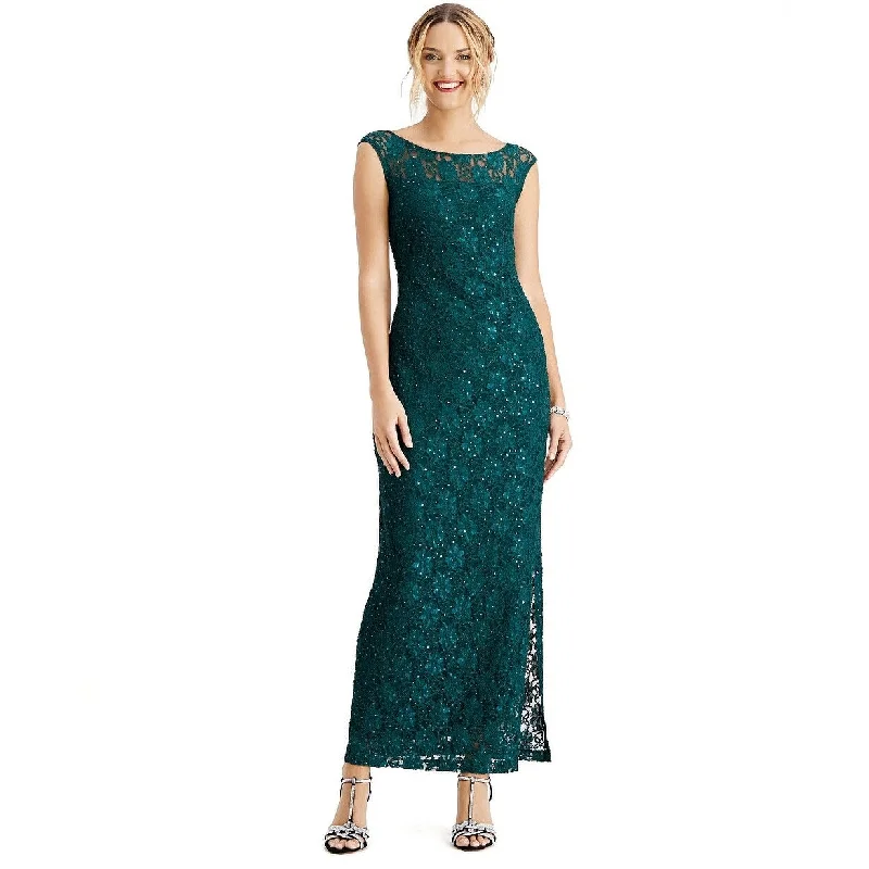 Connected Women's Sequined Lace Slit Gown Green Size 14 Black Sequin Dress