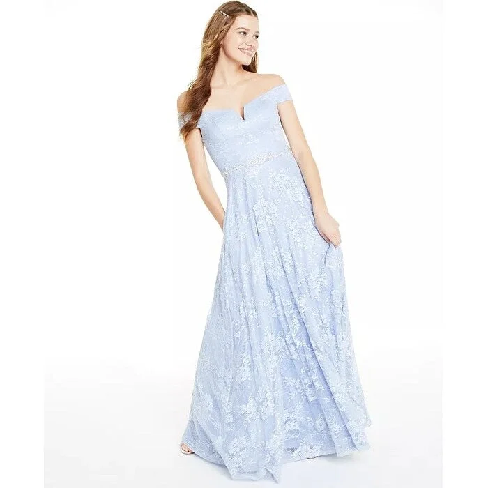 Say Yes To The Prom Junior's Off The Shoulder Sequined Lace Gown Blue Size 5 Sequin Dress Twist