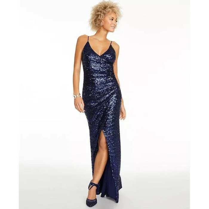 Trixxi Juniors' Ruched Sequined Gown Navy Size 3 Sexy Sequin Dress