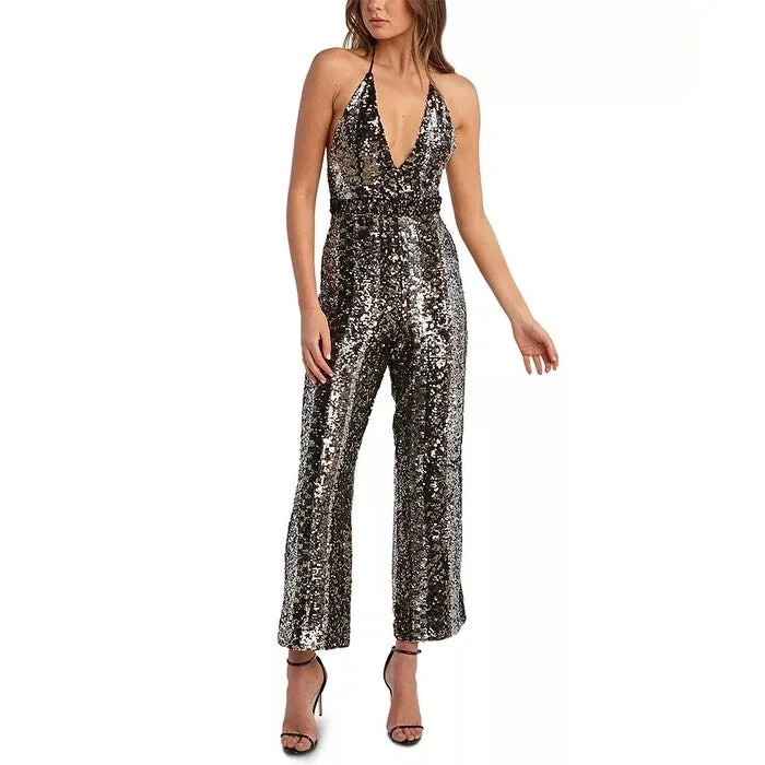 Bardot Women's Halter Disco Sequin Jumpsuit Grey Size Small Sequin Slip Dress