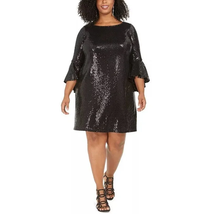 MSK Women's Plus Sequinned Bell Sleeve Dress Black Size 2X Sequin Dress Casual