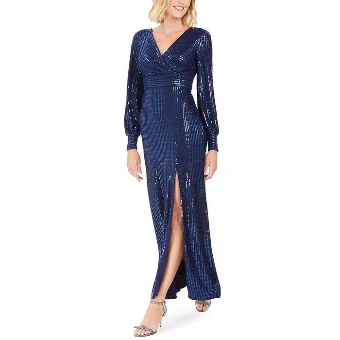 Nightway Women's Sequin Wrap Gown Navy Size 4 Stylish Sequin Dress