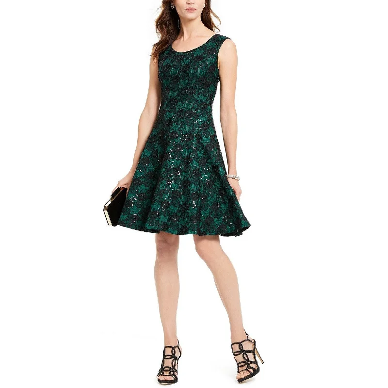 INC International Concepts Women's Sequined Lace Fit & Flare Dress Green Size 14 Silver Glitter Sequin