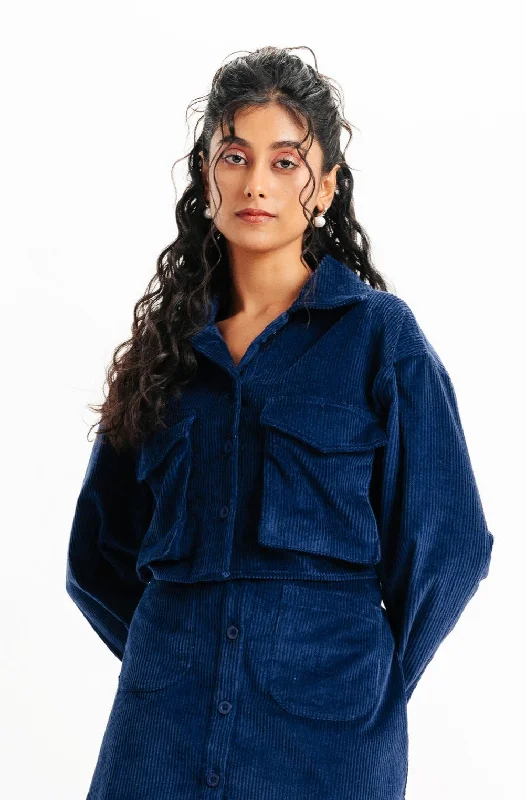 Blue Corduroy Front Pocket Jacket Women's long jackets