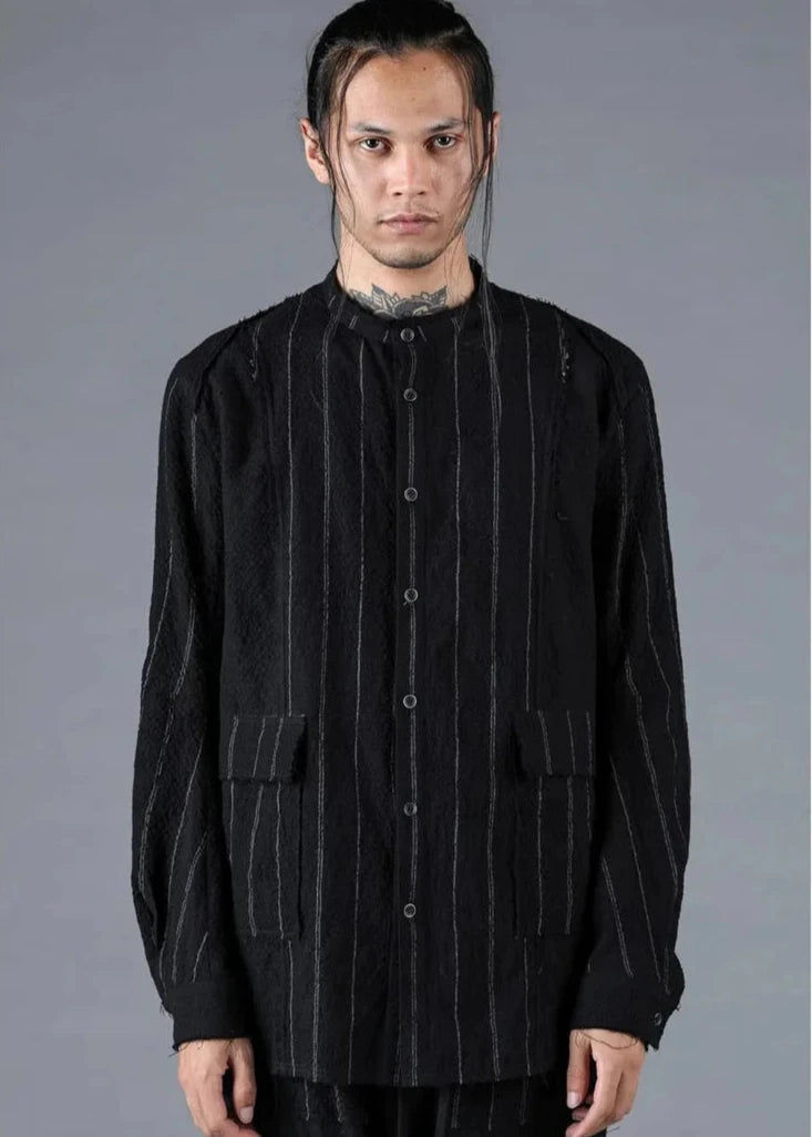 Black Wool Cotton Stripe Combination Band Collar Shirt Jacket