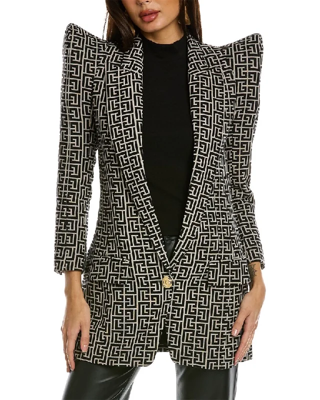 Balmain 1-Button Shoulder Pad Monogram Wool Jacket Blazers for Women’s Wardrobe