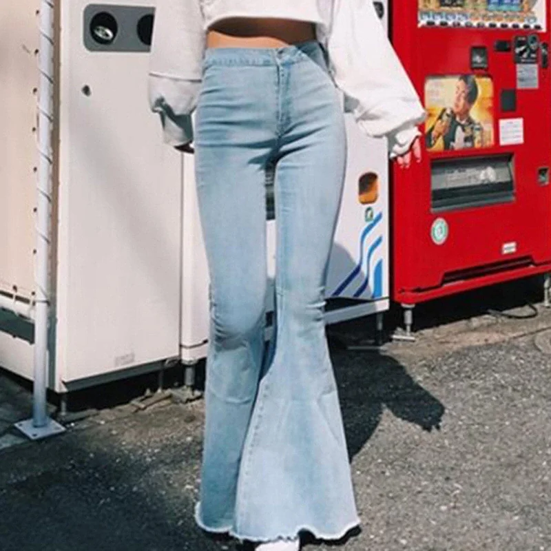 DressBetty - Women Casual Fashion High Waist Slim And Skinny Big Flare Denim Pants Fashion Street Women Solid Color Denim Trousers