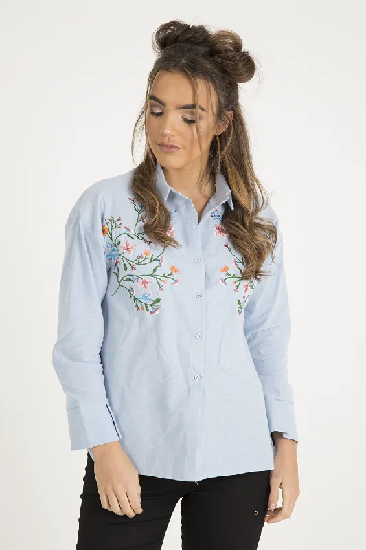 Light Blue Floral Embroidered Shirt - Kara