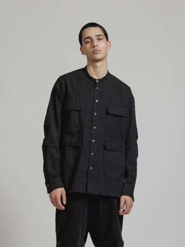 Black Band Collar Cotton Linen Four Pocket Oversize Shirt Jacket