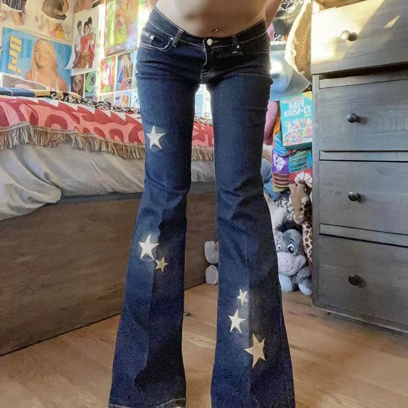 DressBetty - Star Printed Streetwear Vintage Low Waist Pockets Blue Denim Skinny Flare Jeans