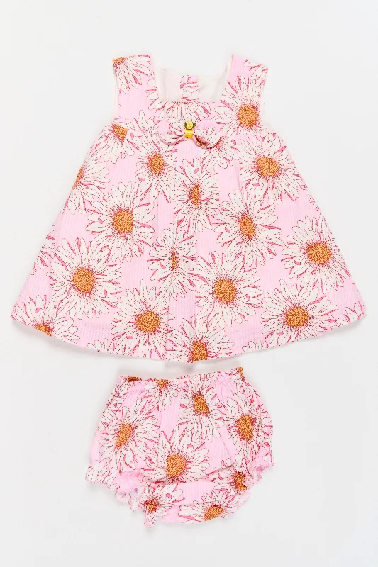 Soft Baby Dress for Girls with Pink Daisy Print and Bow Accent