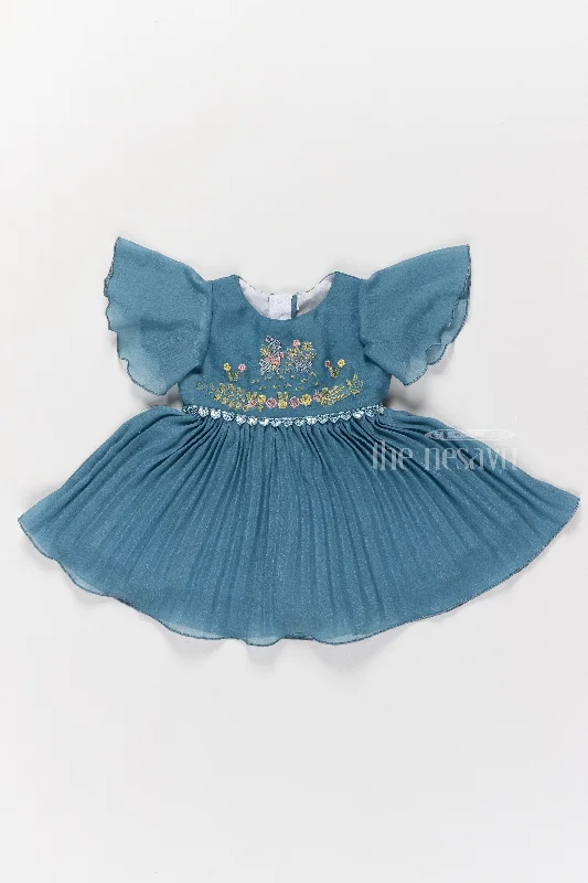 Elegant Girls Short Frock for Party Wear with Floral Embroidery and Flared Pleats
