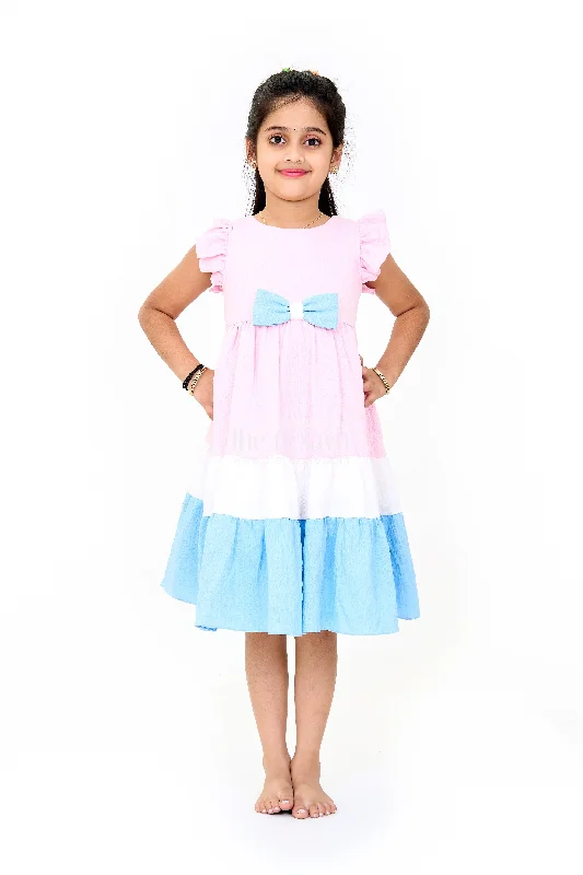 Indo Western Dress with Tiered Ruffle Hem and Contrast Bow Design for Girls