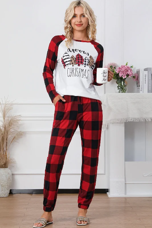 Christmas Pajama Sets | Fiery Red Plaid Merry Christmas Graphic Loungewear Set | Christmas Gift Ideas Vintage pajama sets