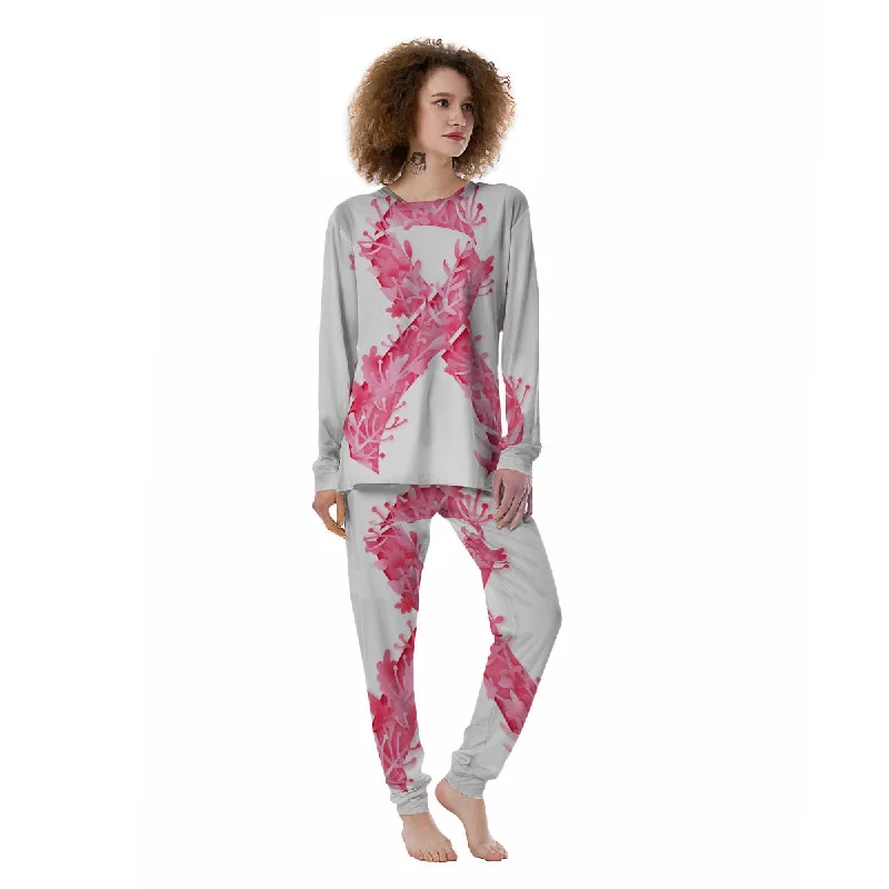 Ribbon Flower Pink Breast Cancer Print Women's Pajamas Funny graphic pajama sets