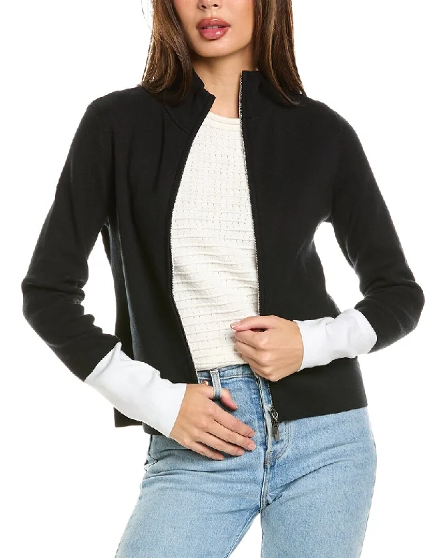 Forte Cashmere Contrast Trim Zip Mock Cardigan Fall sweaters