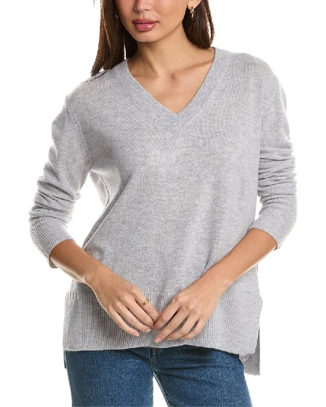 Forte Cashmere High-Low Seamed V-Neck Cashmere Sweater Cozy knit sweaters for winter