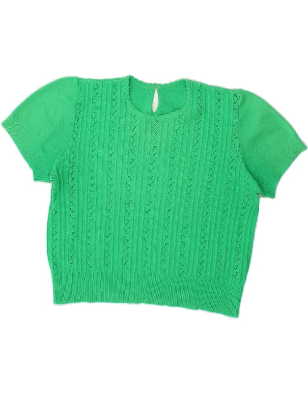 VINTAGE Womens Short Sleeve Crew Neck Jumper Sweater UK 16 Large Green Wrinkle-resistant sweaters