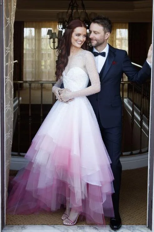 A-line Colorful Pink and White Long Sleeves Sheer Long Wedding Dress Ombre Bridal Gown N486 Long Sleeve Gown