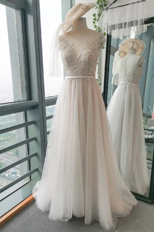 A-Line Sweep-Brush Train Lace Tulle Wedding Dress CW2739 Long Sleeve Gown