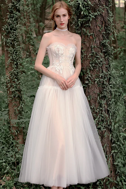 A-Line Tea Length Lace Tulle Wedding Dress CW2756 Strapless Wedding Gown