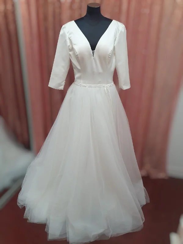 V-Neck, A-Line Gown with Sleeves Sexy Wedding Dress