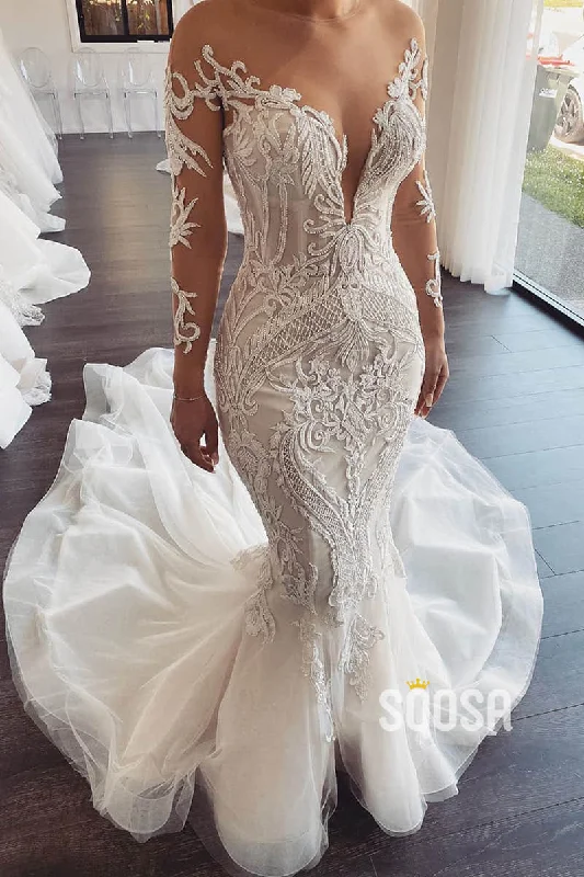 Unique Illusion Neckline Luxury Lace Appliques Mermaid Wedding Dress QW2487 Short Wedding Gown