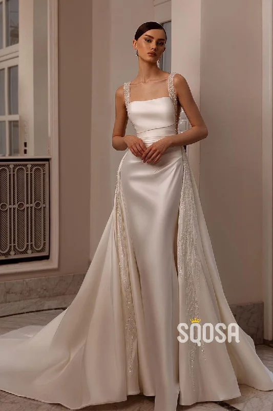 A-Line Square Pearls Satin Casual Wedding Dress Bridal Gowns With Train QW8049 Elegant A-line Gown