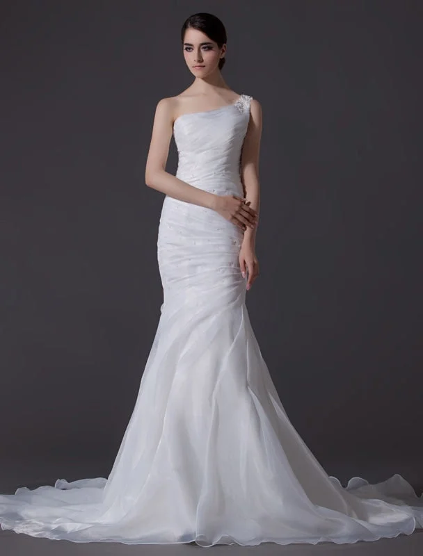 Ivory One-Shoulder Ruched Organza Mermaid Wedding Dress Elegant Satin Dress