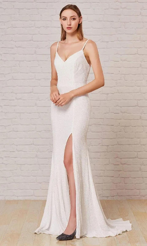 J'Adore Dresses - J18033 Spaghetti Strap Glitter High Slit Gown Beaded Lace Wedding