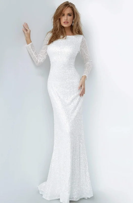 Jovani - 2927 Long Sleeve Bateau Glitter Sheath Dress Off-shoulder Gown