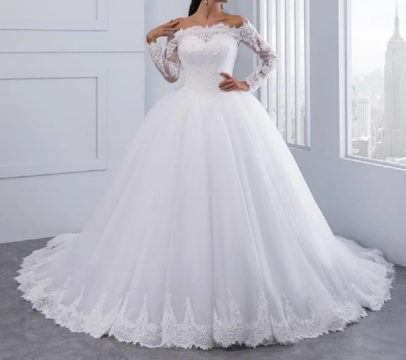 Lace Wedding Dress Long Sleeves Off Shoulder Tulle Puffy Bridal Gowns Chic Bridal Gown