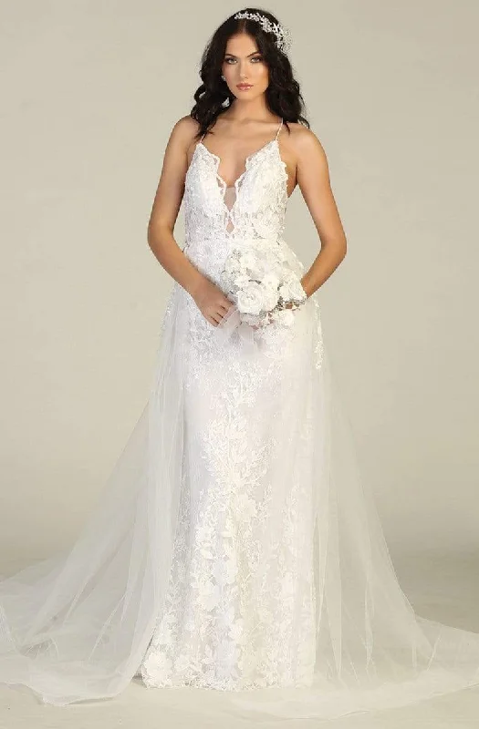 May Queen - RQ7823 Embroidered Deep V-neck Sheath Dress With Train Simple Wedding Dress