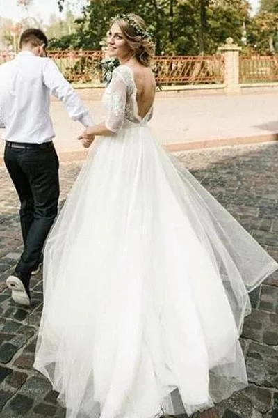 Puffy Half Sleeves Backless Wedding Dress, Floor Length Long Beach Wedding Dress N2250 Romantic Lace Dress