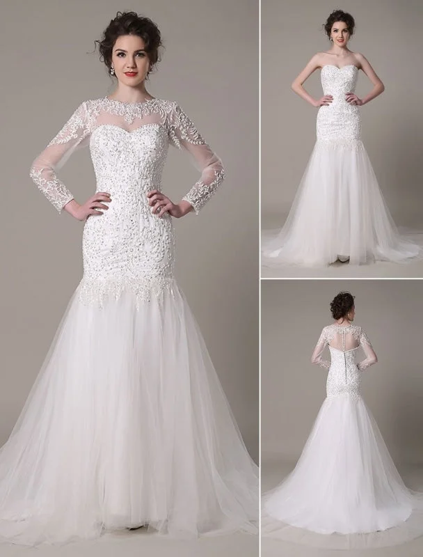 Sequined Wedding Dress Detachable Neckline Lace Applique Mermaid Court Train Bridal Dress Exclusive Mermaid Style Gown