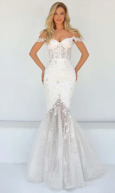 Tarik Ediz - 51034 Applique Illusion Off Shoulder Gown Lace Sleeveless Dress