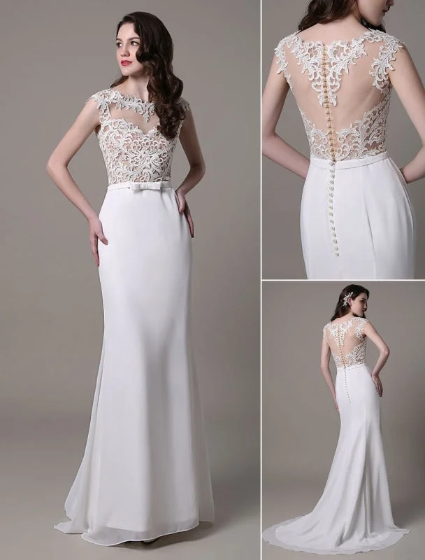 Vintage Wedding Dress Lace And Chiffon Sheath With Stunning Bateau Illusion Neckline And Illusion Back Exclusive Lace Wedding Gown