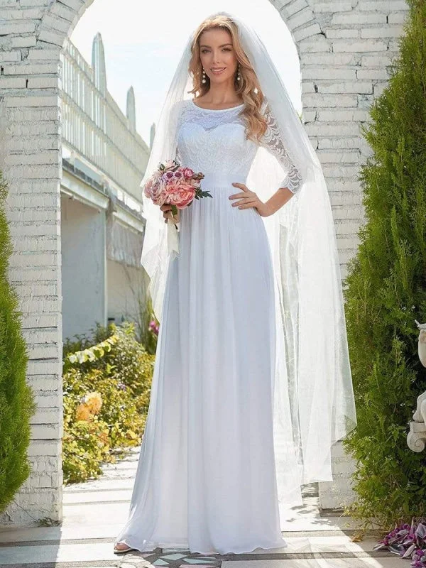 White Simple Wedding Dress Lace Jewel Neck Lace Chiffon Half Sleeves Natural Waist A-Line Bridal Dresses Lace A-line Dress