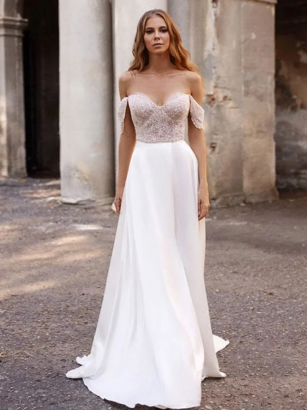 White Simple Wedding Dress Satin Fabric Strapless Sleeveless Cut Out A-Line Off The Shoulder Long Bridal Dresses Ruffled Wedding Dress