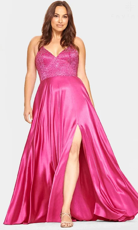 Faviana 9524 - V-Neck Beaded A-Line Evening Gown Satin party dresses