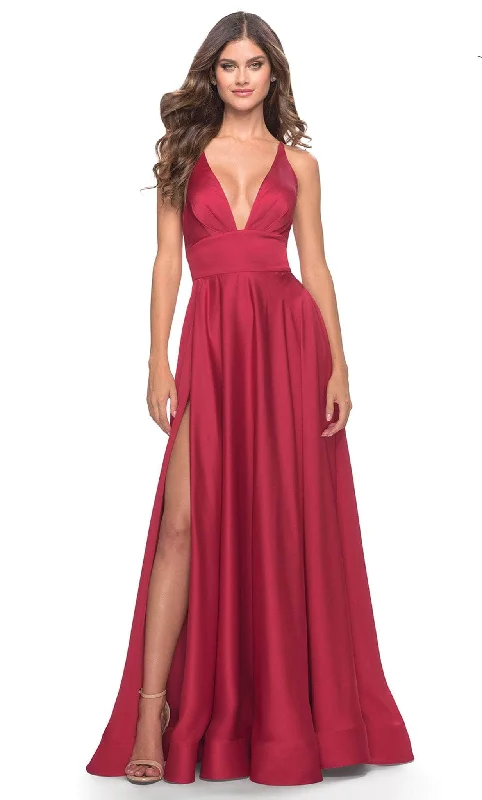 La Femme 31533 - V Neckline Wide Waistband Long Prom Dress Velvet maxi dresses