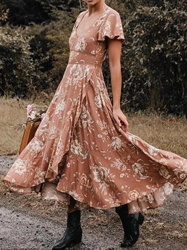 Bohemian Floral Hollow Asymmetrical Ruffled Hem Flowing Dress Plus size floral dresses