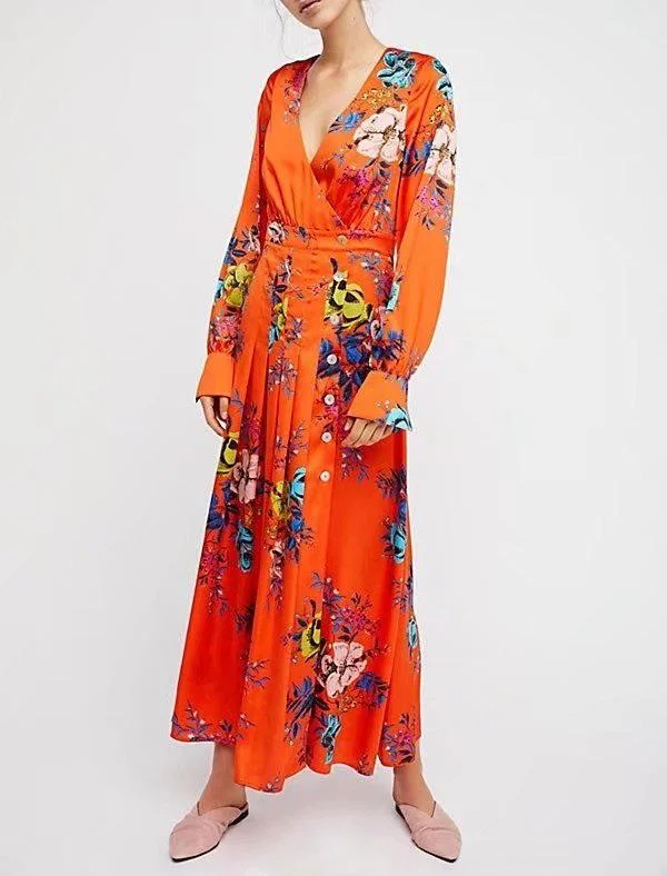 Bohemian Holiday V-neck Floral Sexy Split Dress Linen floral dresses