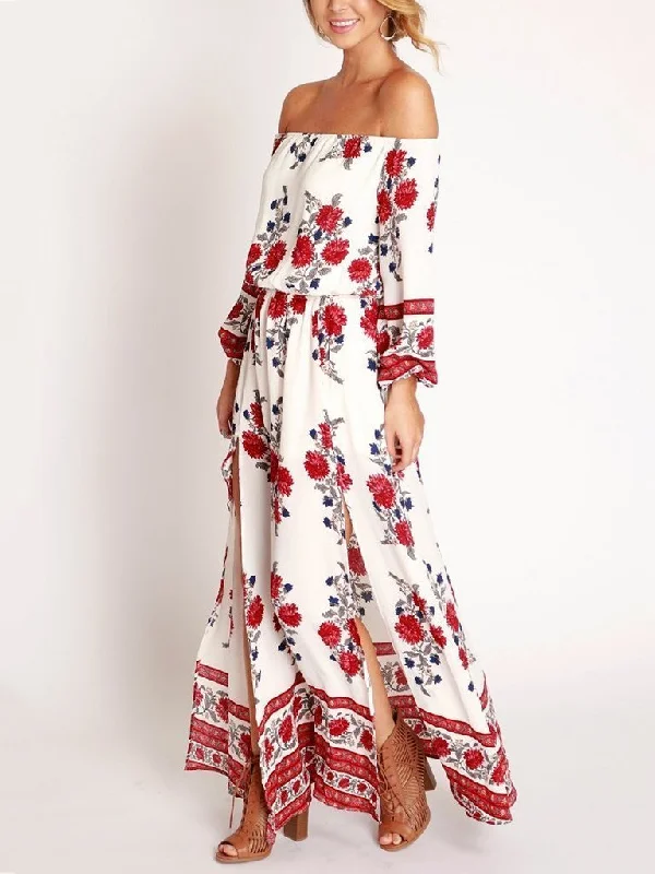 Cutaway Collar Printed Split Long Floral Off Shoulder Dress Silk floral dresses