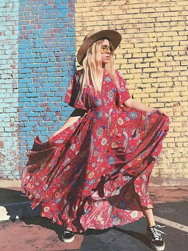 Exotic Floral Print V-neck Long Summer Kimono Sleeve Women Dress Best floral dresses for outdoor weddings