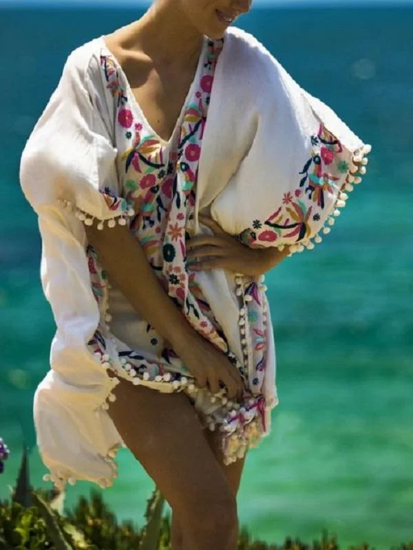 Floral Embroidered Beach Batwing Sleeve Boho Loose Cover-Up Dress Fashion-forward floral dresses